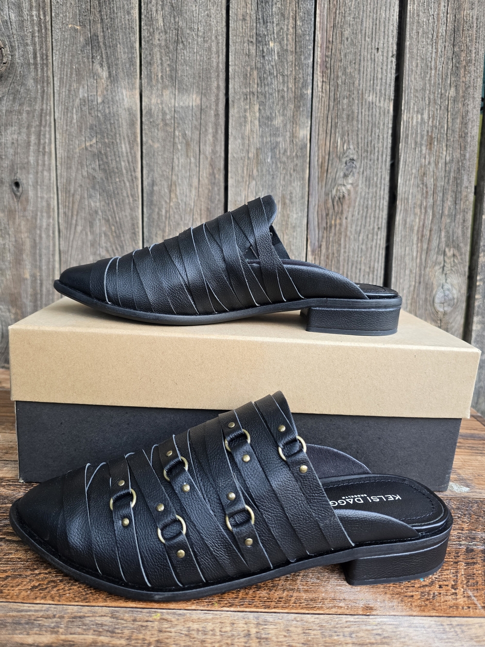 Kelsi Dagger Black Strappy Leather Mule Slip On Size 7